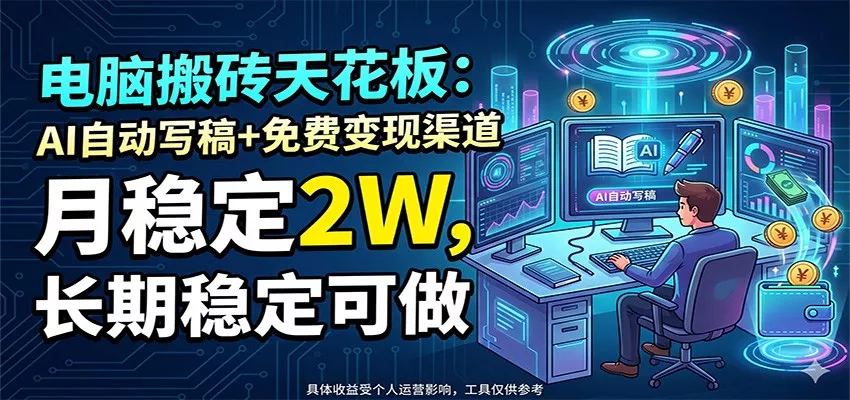 电脑搬砖天花板：AI自动写稿+免费变现渠道，月稳定2W，长期稳定可做_抖汇吧