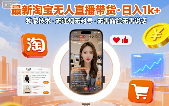 最新淘宝无人直播带货，日入1k+，独家技术，无违规无封号，无需露脸无需说话【揭秘】_抖汇吧