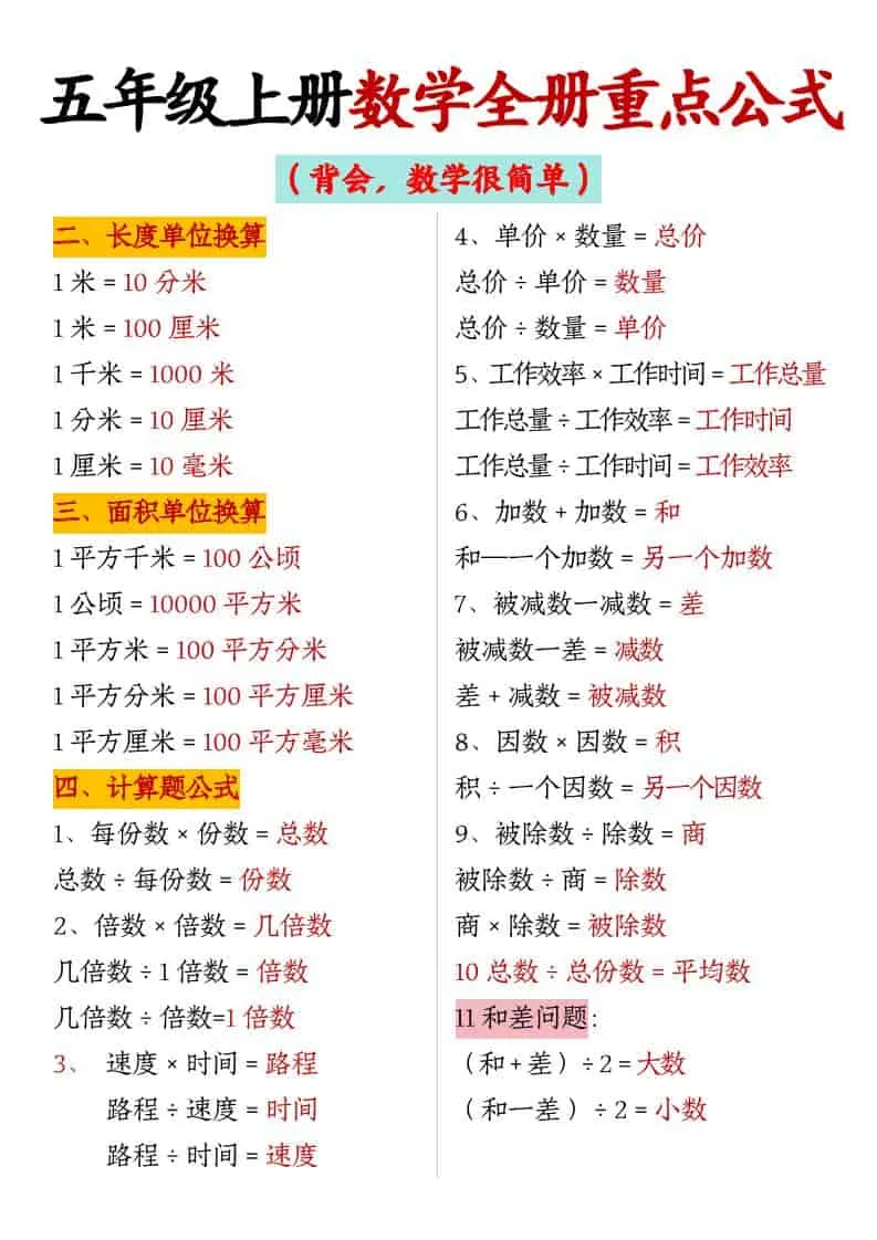 五年级上数学全册重点公式_抖汇吧