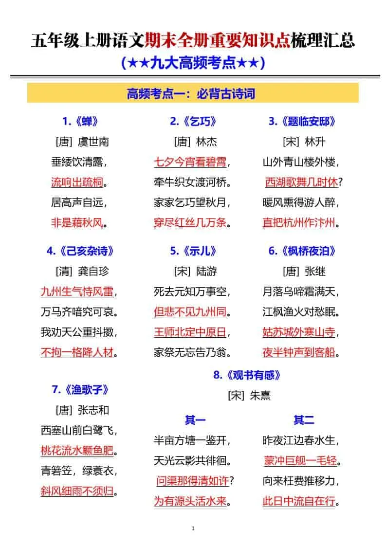 G五年级上册语文期末全册重要知识点梳理汇总