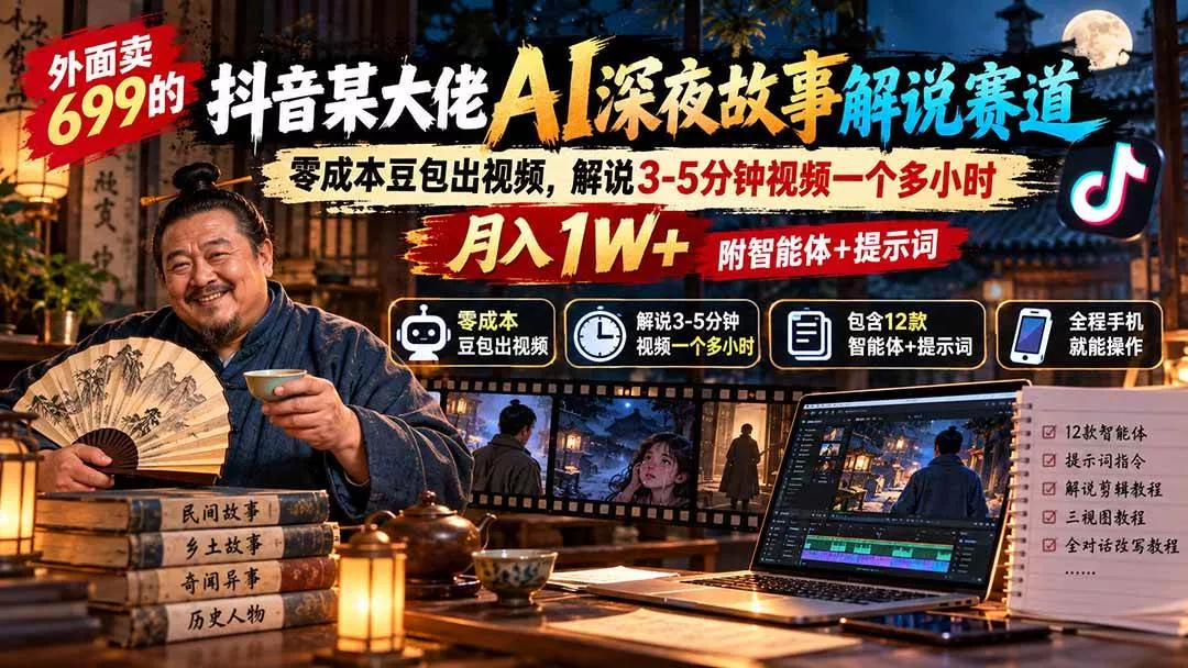 (20648期)外面卖699的抖音某大佬AI深夜故事解说赛道:零成本豆包出视频,解说3-5分钟视频一个多小时,月入1W+附智能体+提示词_抖汇吧