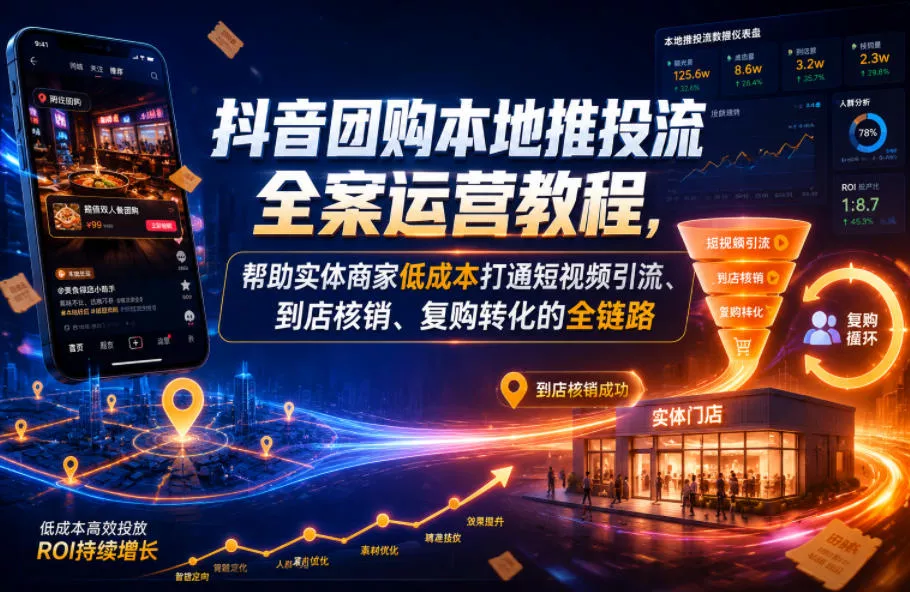 抖音团购本地推投流全案运营教程,帮助实体商家低成本打通短视频引流、到店核销、复购转化的全链路